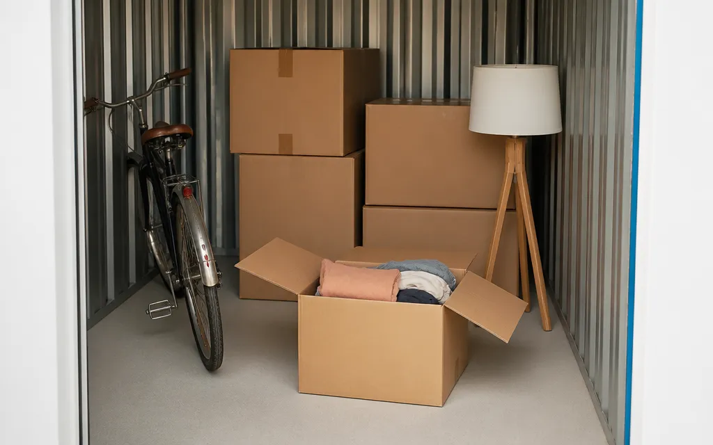 Cartons et petit mobilier prêts à être stockés pour un studio